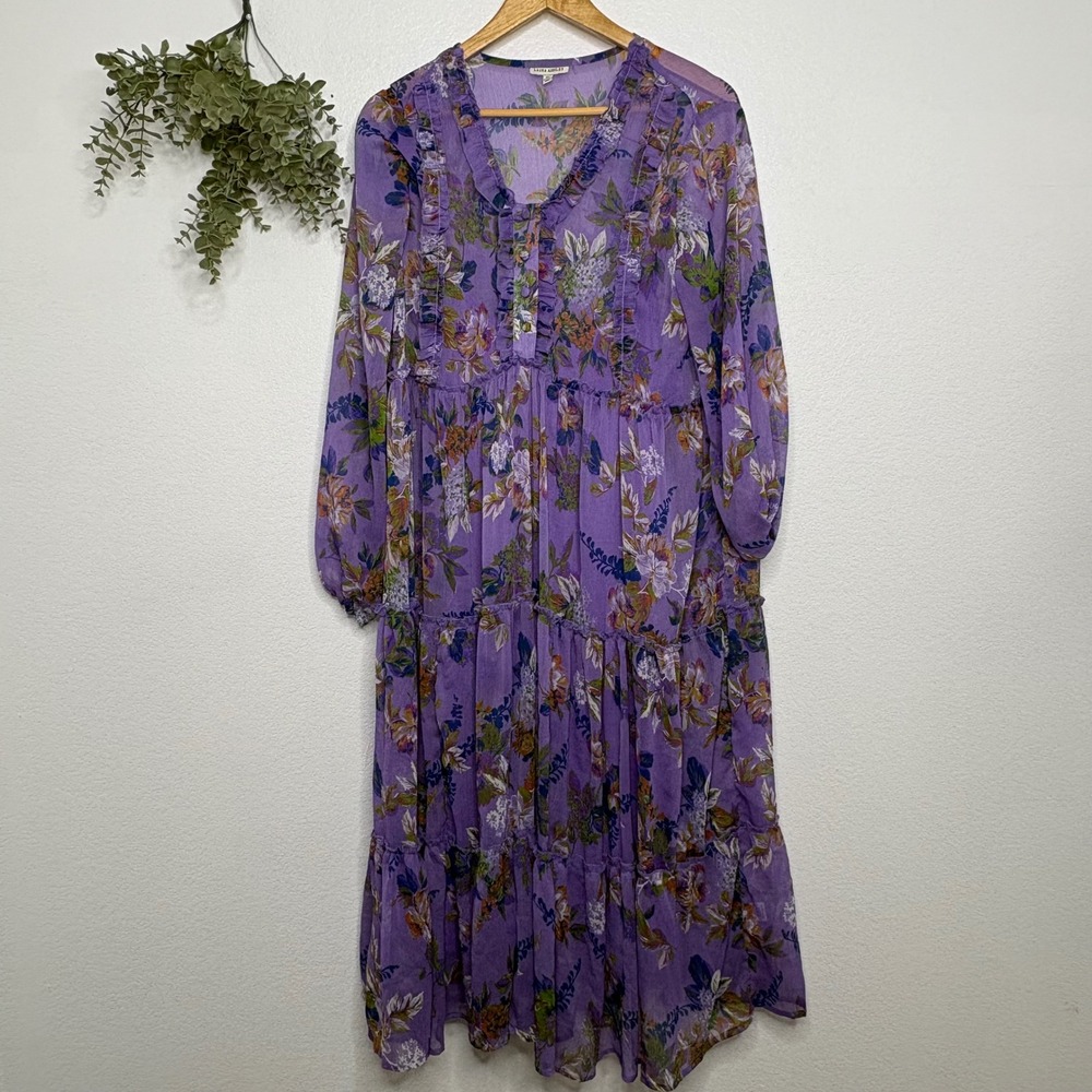 Laura Ashley Purple Floral Tiered Midi Dress - Picture 2 of 8